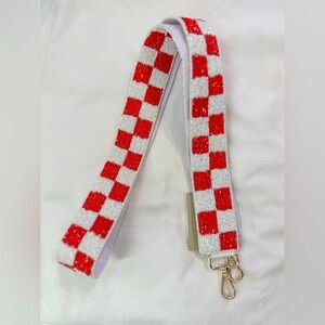 Red and White Checkered Beaded Bag Strap